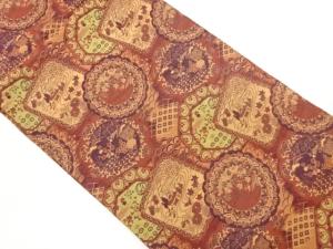 変わり織鏡裏に家屋風景・花葉模様織出し名古屋帯